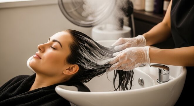 Woman receiving a luxurious hair treatment with steam in a salon