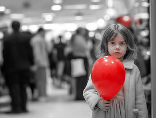 Child with red balloon amid Black Friday chaos in shopping mall