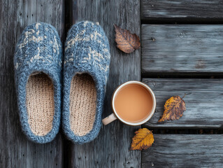 Woolen slippers and tea on wooden bench in autumn style
