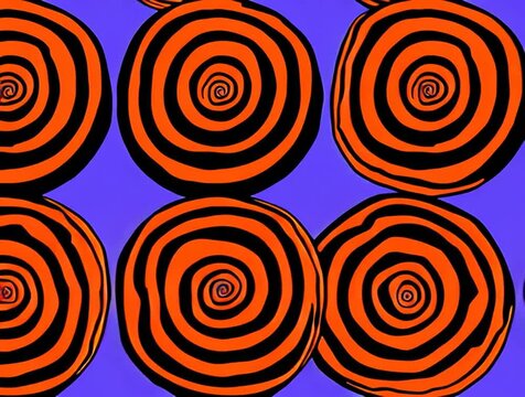 AI-generated illustration of repeating orange and black spiral circles on a vivid purple background