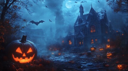 Spooky haunted house with glowing jack o lanterns and bats in a mysterious halloween night photo