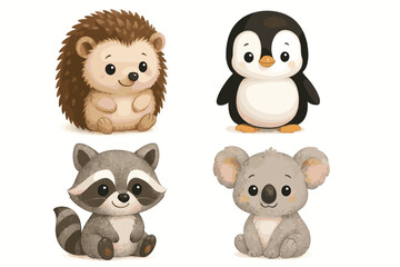 Fototapeta premium Cute cartoon animals: hedgehog, penguin, raccoon, koala in adorable poses
