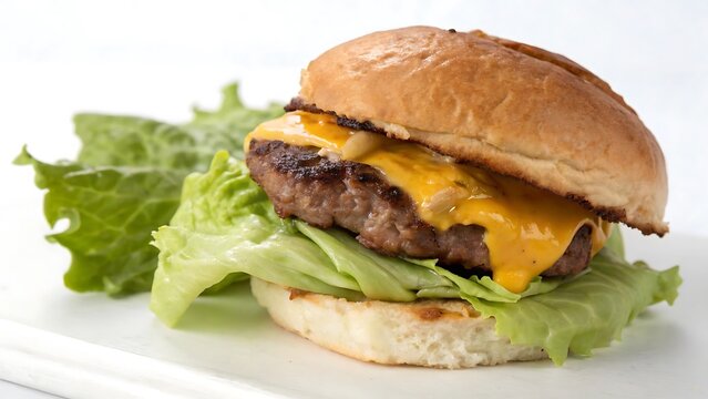 Delicious Grilled Cheeseburger With Fresh Lettuce Served On A White Plate Perfect Meal Presentation