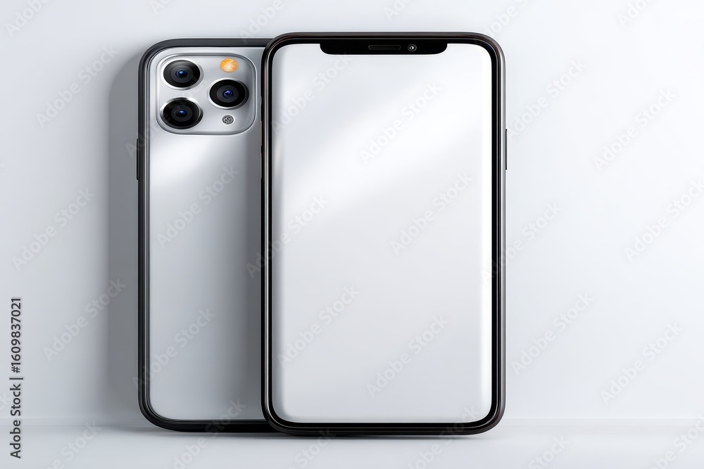 Poster smartphone mockup depicts back and front device facing upright in a clean studio setting