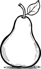 A black and white drawing of a pear with a stem and a leaf on a white background illustration art
