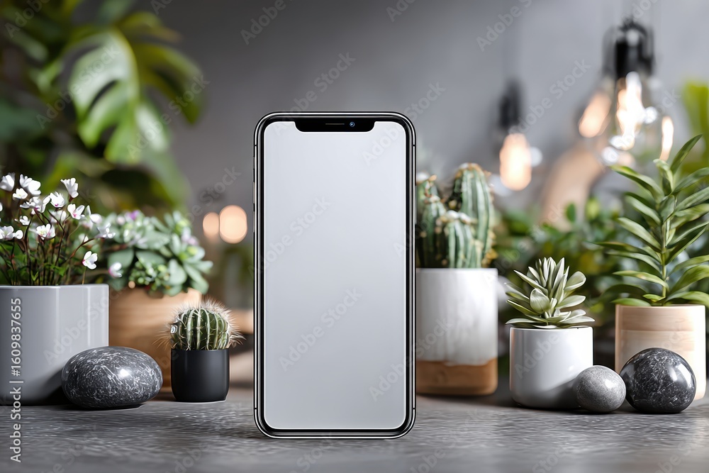 Poster smartphone mockup depicts back and front device facing upright in a clean studio setting