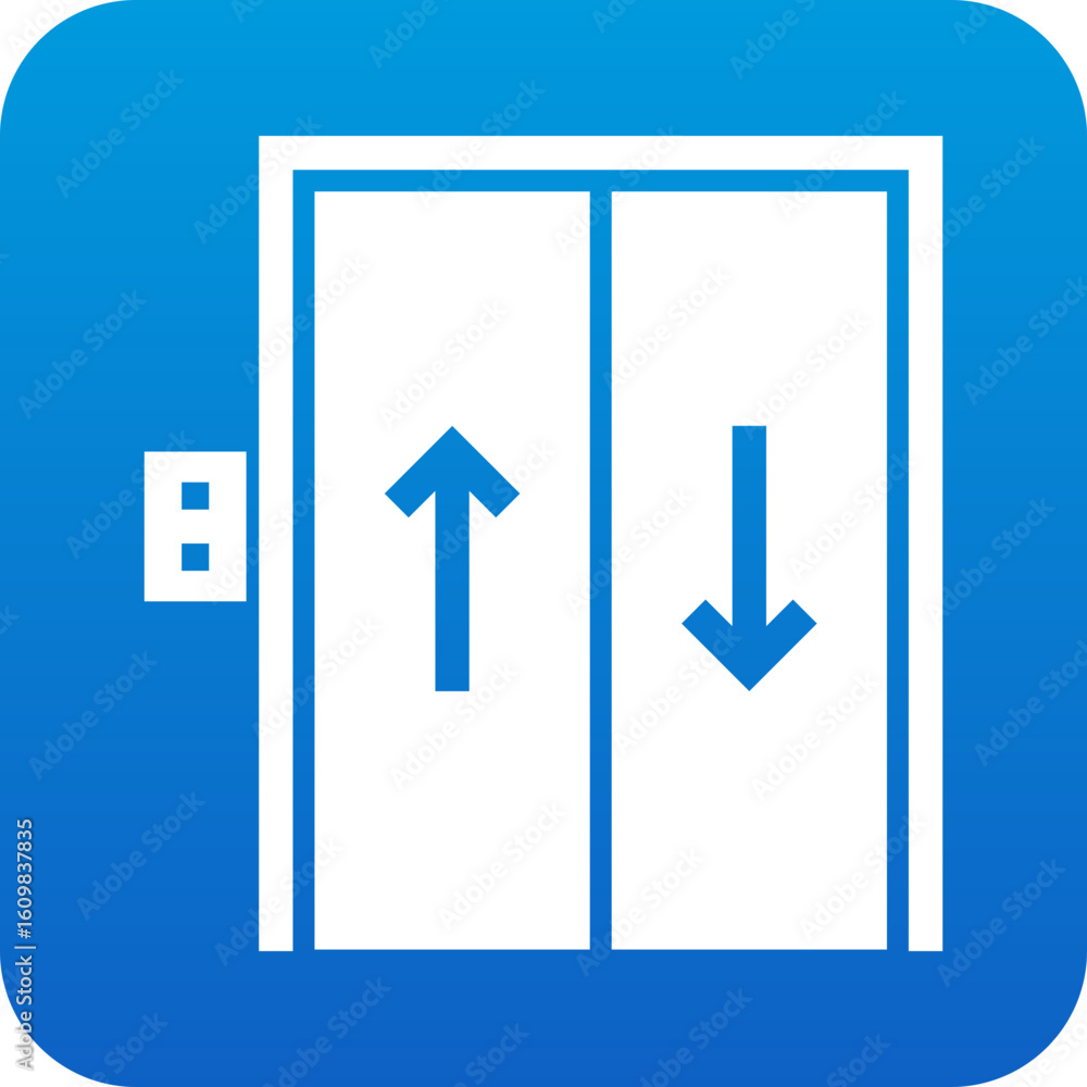 Poster modern blue icon representing an open elevator with up and down arrows and a control panel
