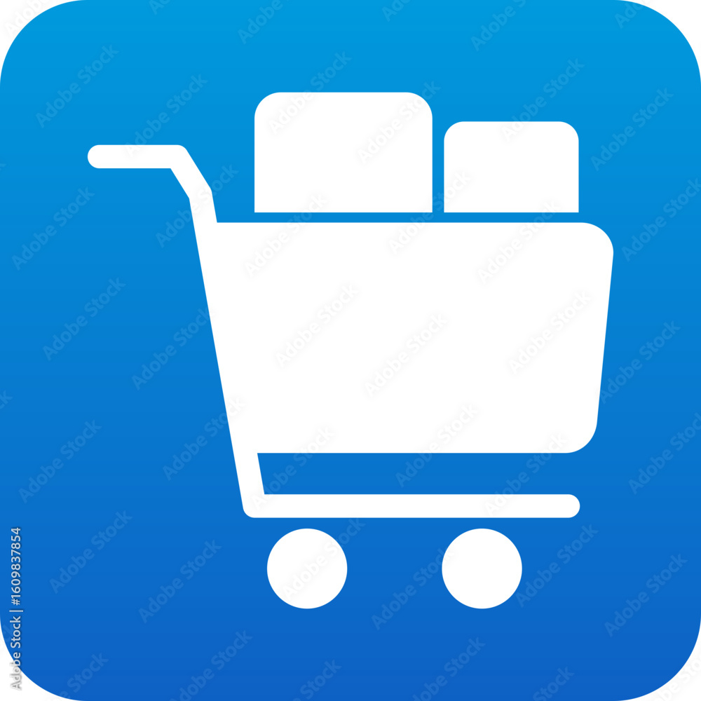 Poster simple white shopping cart icon filled with products on a blue gradient background with rounded corn
