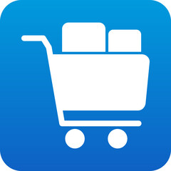 Obraz premium Simple white shopping cart icon filled with products on a blue gradient background with rounded corners