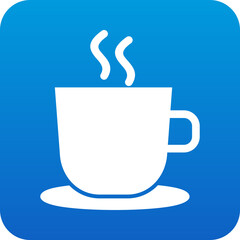 Simple white coffee cup with steam icon on a blue gradient background with rounded corners