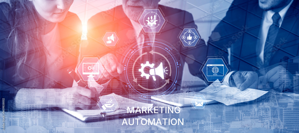 Poster marketing automation diagram showcase ai-driven campaign workflow, highlight marketing automation, d