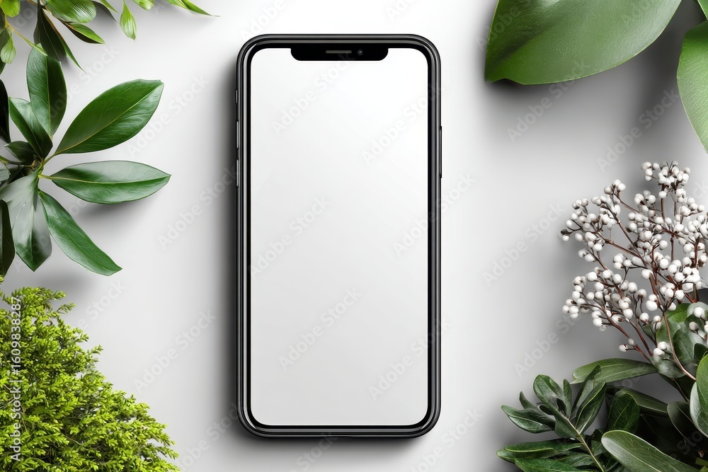 Poster smartphone mockup depicts back and front device facing upright in a clean studio setting