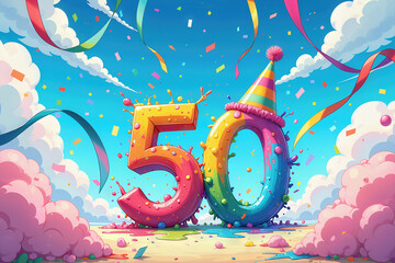 Greeting card for 50 years. Celebrate a 50th birthday with colorful numbers, confetti, and a festive party hat against a sky backdrop.