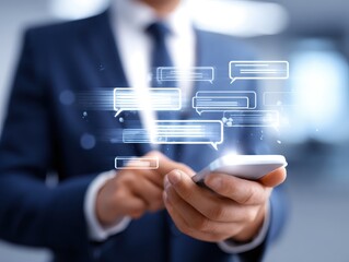 a businessman uses online customer data exchange and analysis with a chat bot. Artificial intelligence and CRM software technology, a customer service centre