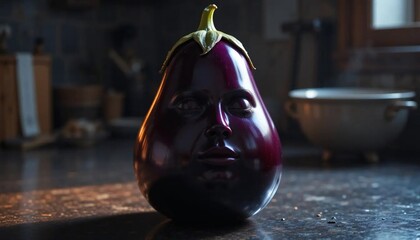 An eggplant with a human face sitting on a dark counter in a kitchen with a pot in the background