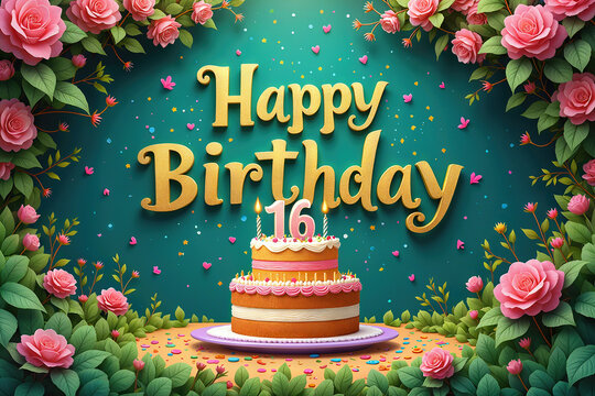 Greeting card for 16 years. A beautifully decorated birthday cake with the number 16 on it, surrounded by pink roses and green leaves.