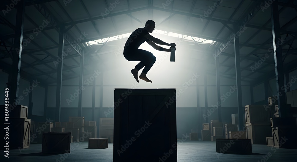 Poster pixelated silhouette of a person jumping over a box inside a dimly lit warehouse. the image features