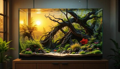 A vibrant aquarium featuring a red betta fish, lush greenery, and driftwood under a warm sunset glow