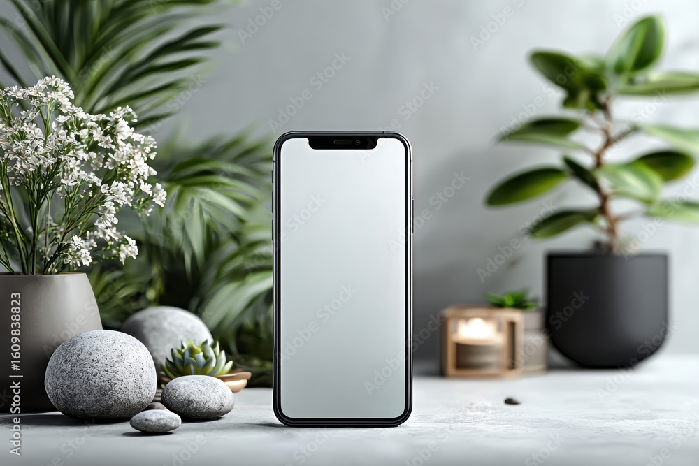Poster smartphone mockup depicts back and front device facing upright in a clean studio setting