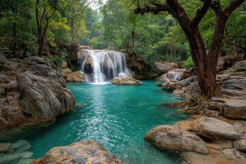 Serene waterfall cascading over rocks into a blue pool at a park, surrounded by lush green foliage and trees during the daytime