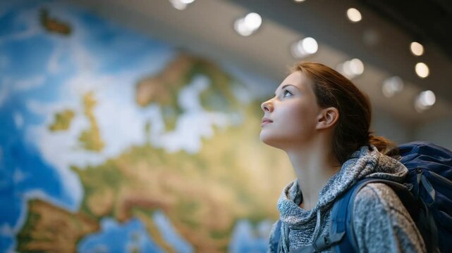 A young woman with a travel backpack contemplates her next international education destination on a world map.