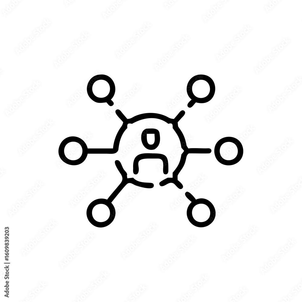 Poster outline icon a person connected to six circles on network connection