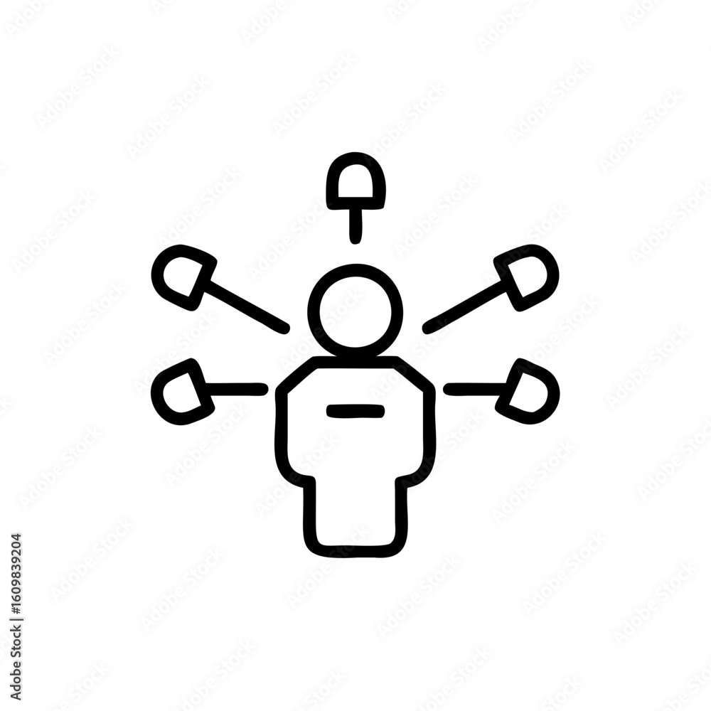 Poster outline icon a person with multiple arms reaching out symbol multitasking