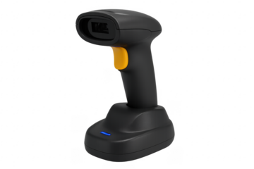 Barcode scanner standing on charging base with transparent background
