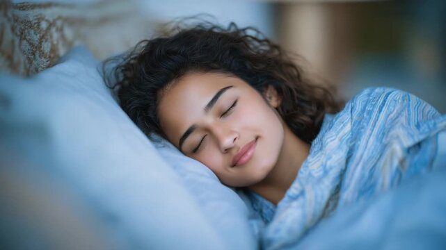 A serene soft-focus image captures a young Indian woman peacefully dreaming in a cozy bed, surrounded by natural textures and calming tones.
