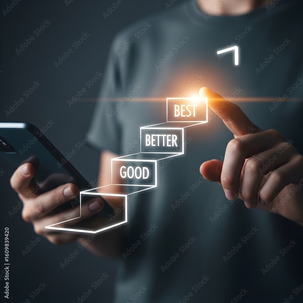 Poster man using smartphone to reach the best level in business or personal development concept