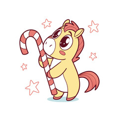 Adorable cartoon horse character holding a festive red and white striped candy cane, surrounded by whimsical stars.