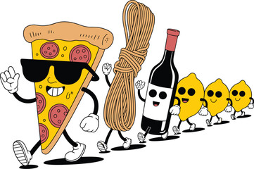 Funny cartoon vector illustration of a happy animal character holding a pizza with a knife, a cute and comic red symbol