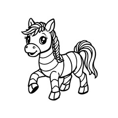 A cute cartoon zebra with big eyes and a braided mane, depicted in a black and white line drawing.