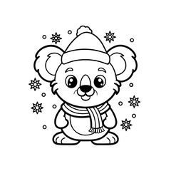 An adorable cartoon koala dressed in a cozy winter hat and scarf, with snowflakes falling around it, presented as a coloring page.