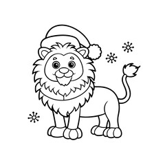 A cute cartoon lion wearing a festive Santa hat stands amidst falling snowflakes, ready for coloring.