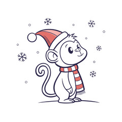 An adorable cartoon monkey in a festive red Santa hat and striped scarf, looking up at falling snowflakes.