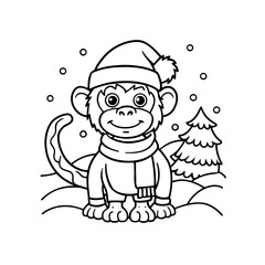Smiling cartoon monkey in a Santa hat and scarf standing in a snowy winter landscape with a small Christmas tree.