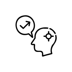 Outline icon human head with target speech bubble containing arrow profile silhouette