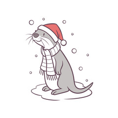 A cute cartoon otter wearing a red Santa hat and a striped scarf, standing in the snow with falling snowflakes.