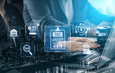 Financial regulation and tax compliance concept showing tax document, VAT, transaction flow, and...
