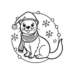 Cute cartoon otter wearing a Santa hat and scarf with festive snowflakes and lights.
