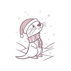 Charming cartoon otter adorned with a Santa hat and striped scarf, standing amidst falling snow on a winter day.