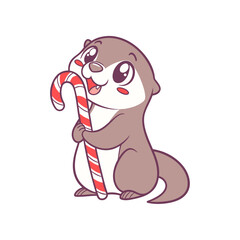 A delightful cartoon illustration depicts a cute brown otter with large eyes happily holding a festive red and white striped candy cane.