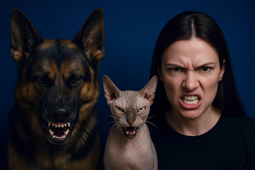 Fierce pets and owner show angry expressions, ready to attack