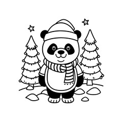 A cute cartoon panda wearing a winter hat and striped scarf stands between two evergreen trees under stars in a snowy landscape.