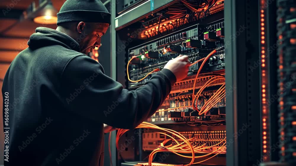 Poster technician works on data center server as wires are connected in dimly lit environment