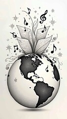 Abstract world sphere with music waves and leaves on white background, modern minimal nature-sound art.