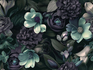 Moody Teal and Violet Floral Pattern with Crystals
