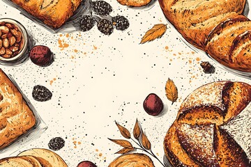 Illustration of assorted breads with berries and autumn leaves on a cream colored background