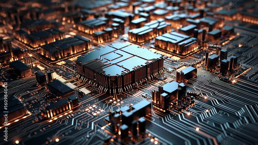 Poster discovering intricate details of a circuit board with glowing components showcasing technology and i
